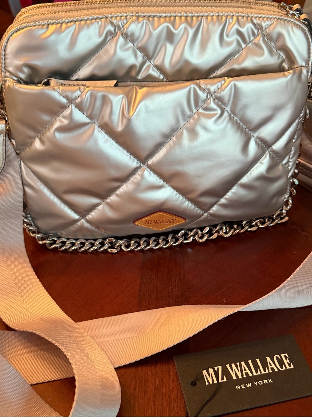 MZ Wallace Madison Crossbody Quilted Silver Frost Crossbody Bag with Chain Strap